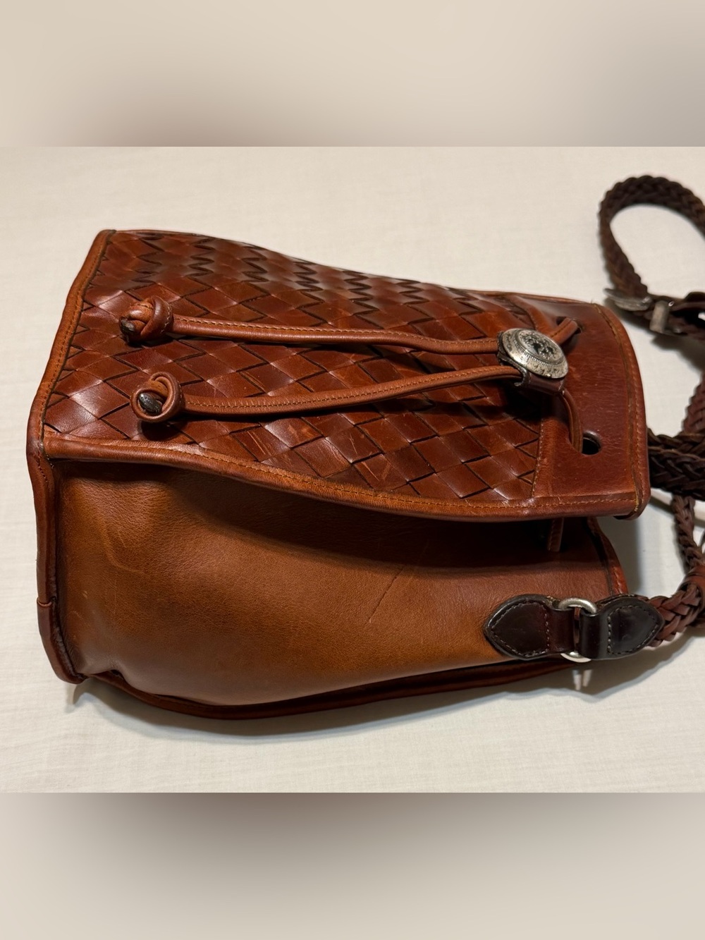 Brighton Brazilian Bree Brown Woven Leather Drawstring Crossbody Bag - Picture 7 of 11